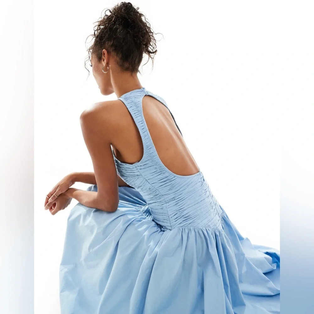 **SOLD** ASOS DESIGN ruched micro pleat bodice midi dress with open back in blue - Picture 4 of 8